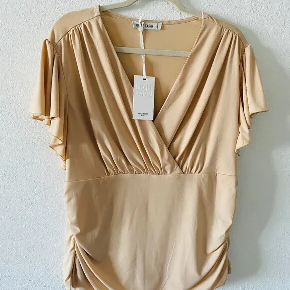 GRACE KARIN SHORT SLEEVE V NECK RUCHED SIDES TOP - Picture 1 of 5